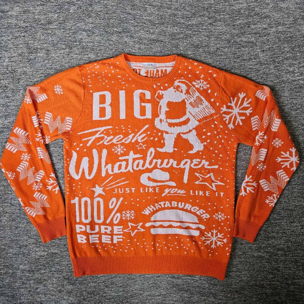 Whataburger Men's Orange 2019 Christmas Sweater w/Santa, Burger & More - Sz XL